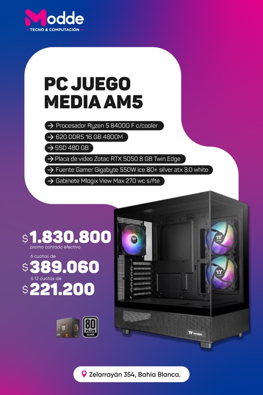 PC AMD Ryzen 5 8400F / 16gb RAM DDR5 / 480gb SSD / RTX 5050 8gb / 550w 80+ Silver / MLogix VM270